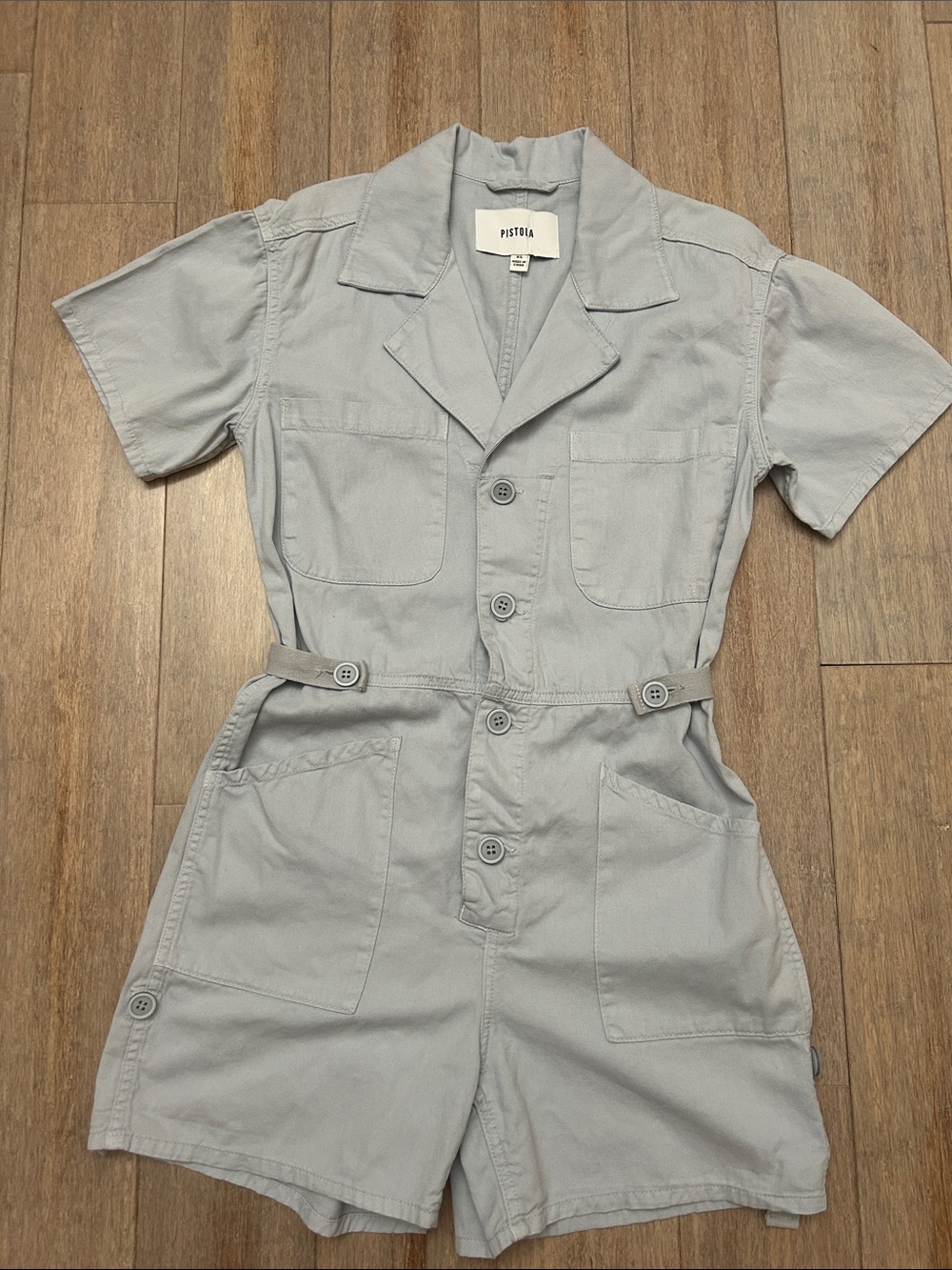 Pistola Parker Cotton  Pearl Blue Button-Front Short Sleeve Romper XS